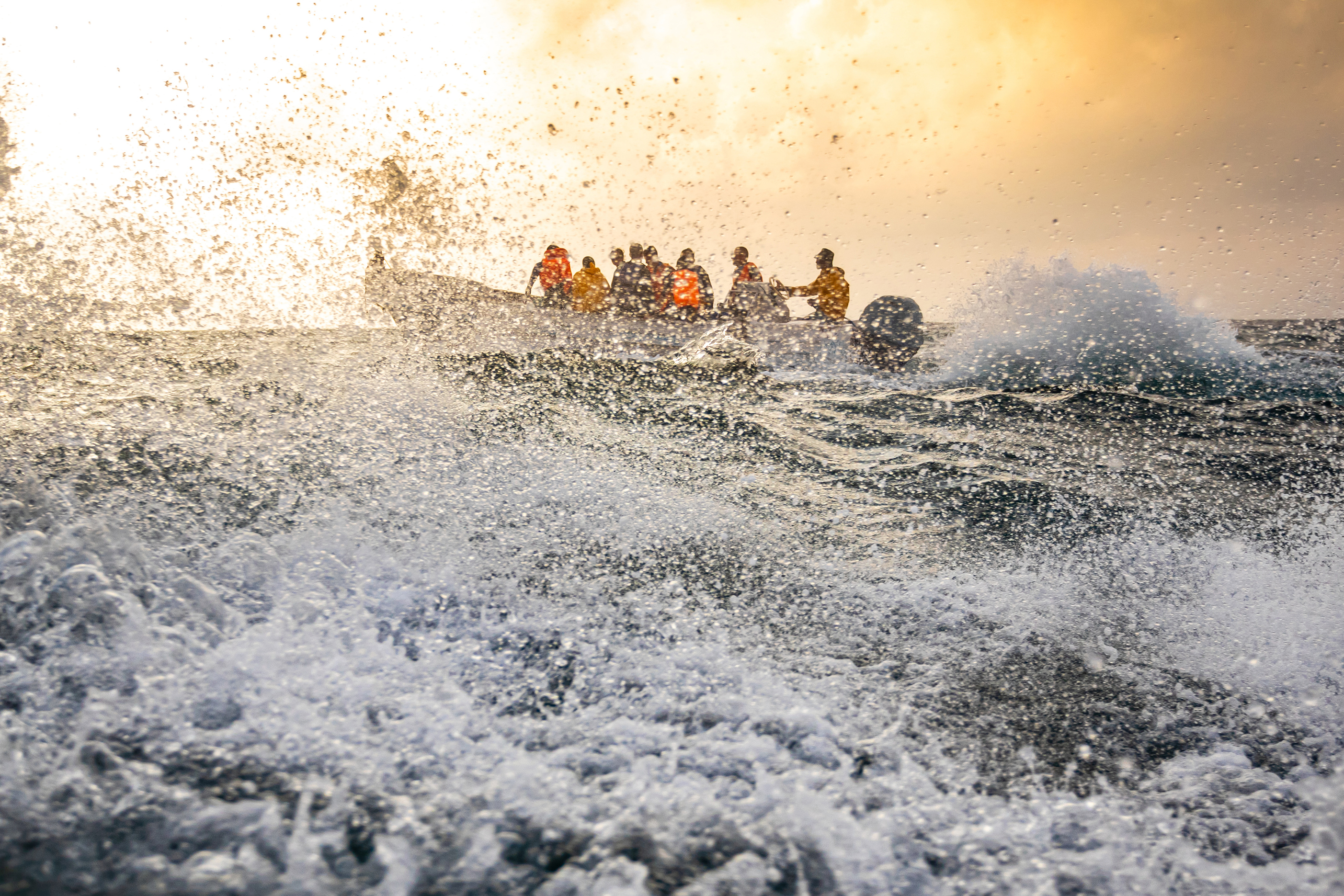 ocean scene with research boat and underwater coral reef