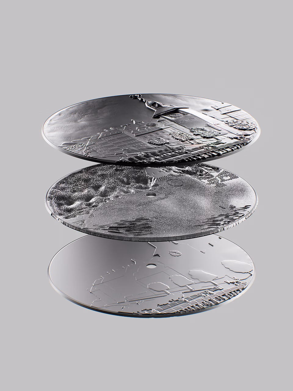 Exploded CGI view of watch dial showing layered components and relief construction
