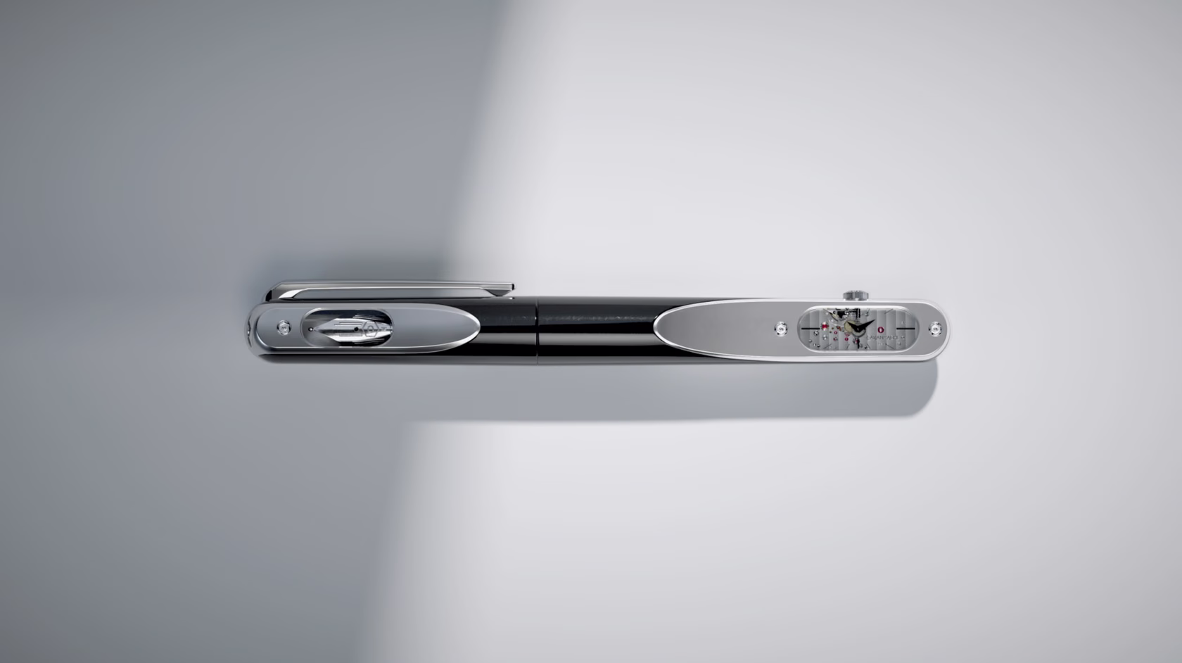 full view of pen with integrated watch mechanism in clean lighting