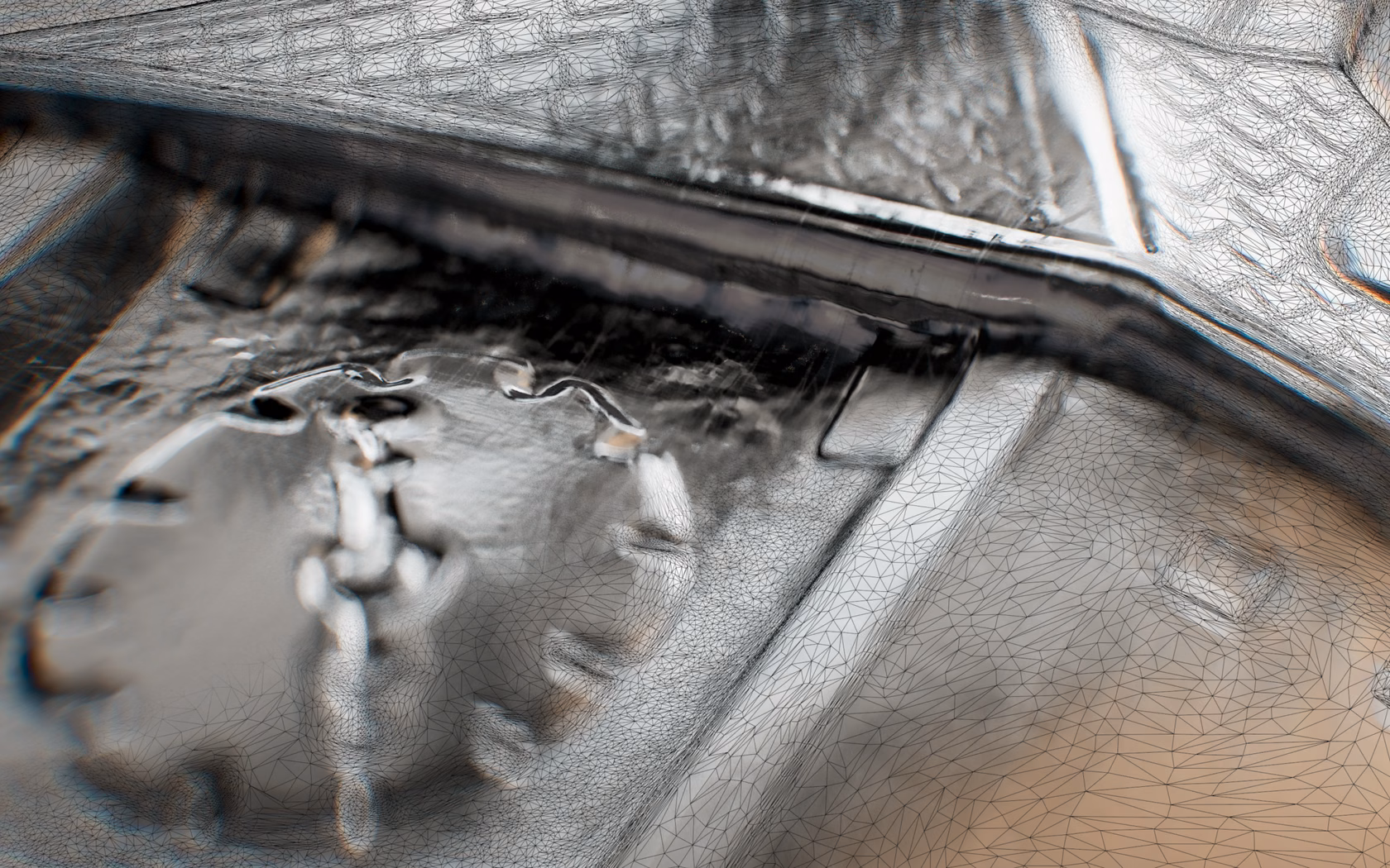 Close-up of CGI engraved metal surface with fine guilloché-like micro patterns