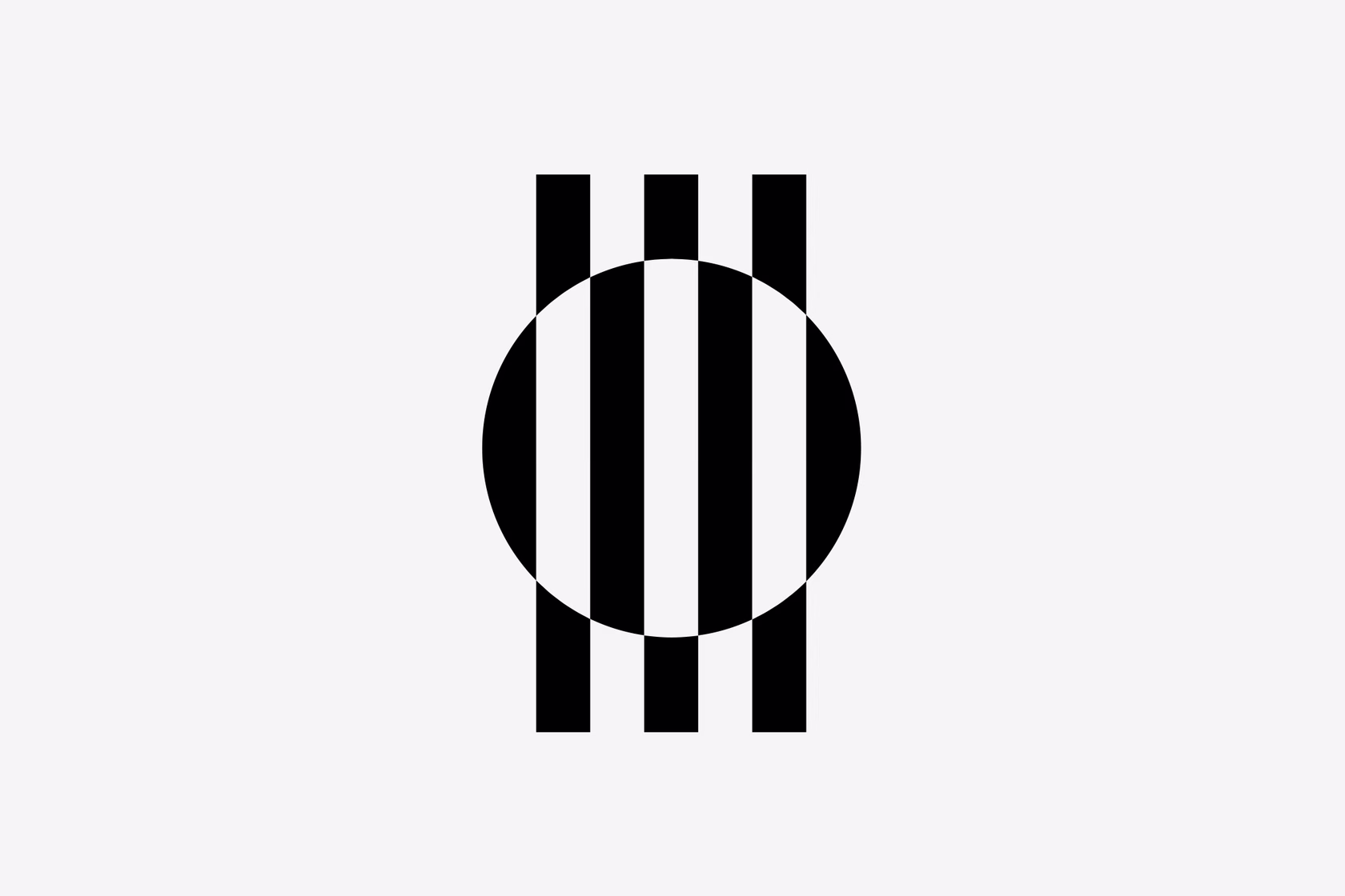 Minimal logo with circle intersected by vertical bars suggesting constrained figure