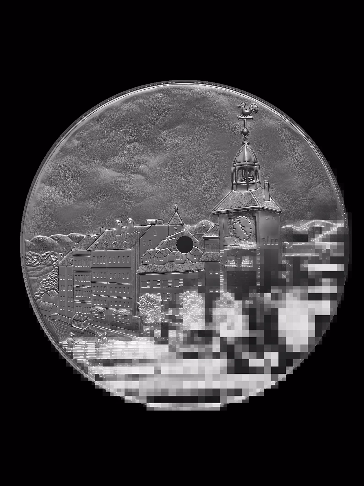 High-detail CGI watch dial with engraved relief and reflective metal surfaces