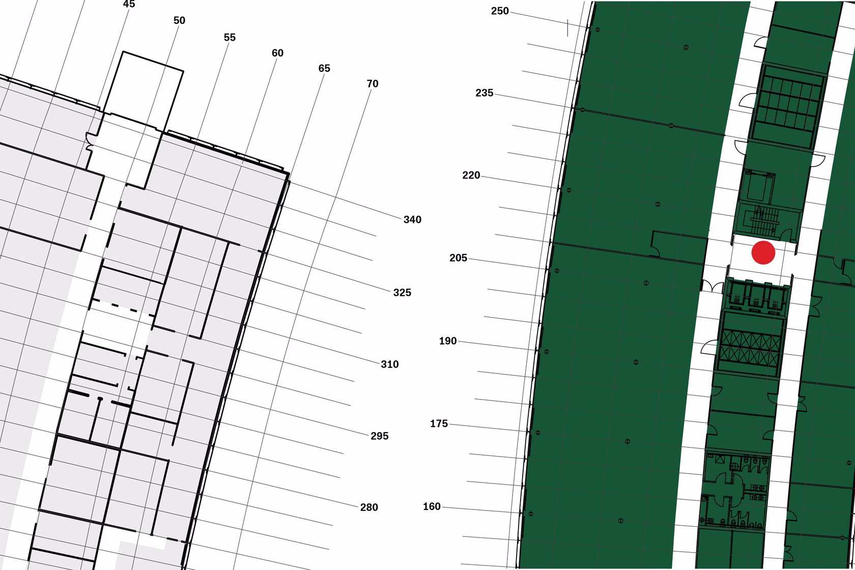 architectural plans with grid system and spatial mapping