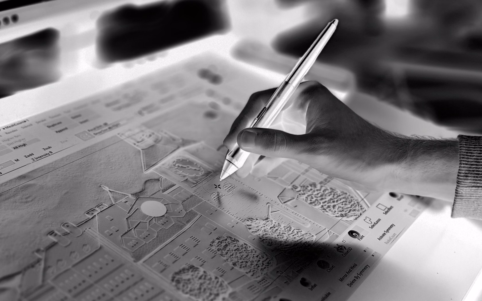Design process showing hand sketch over technical layout and digital modeling interface