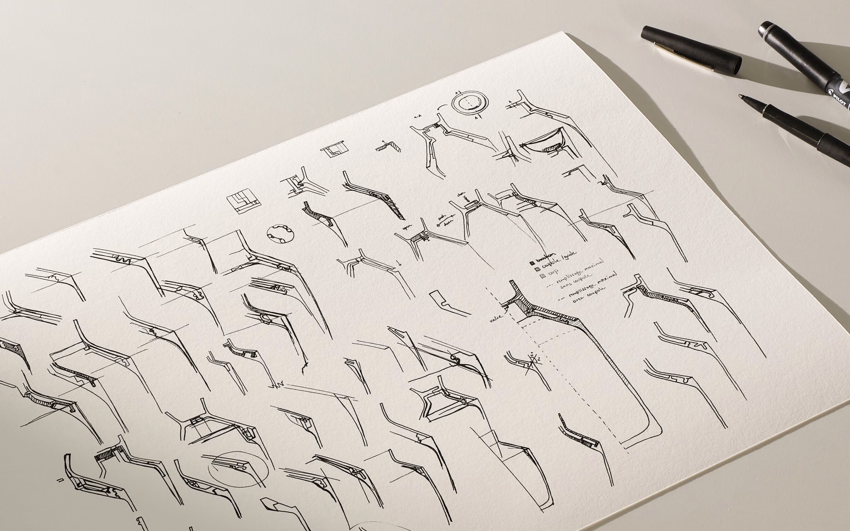Design sketches exploring form, grip and structural variations