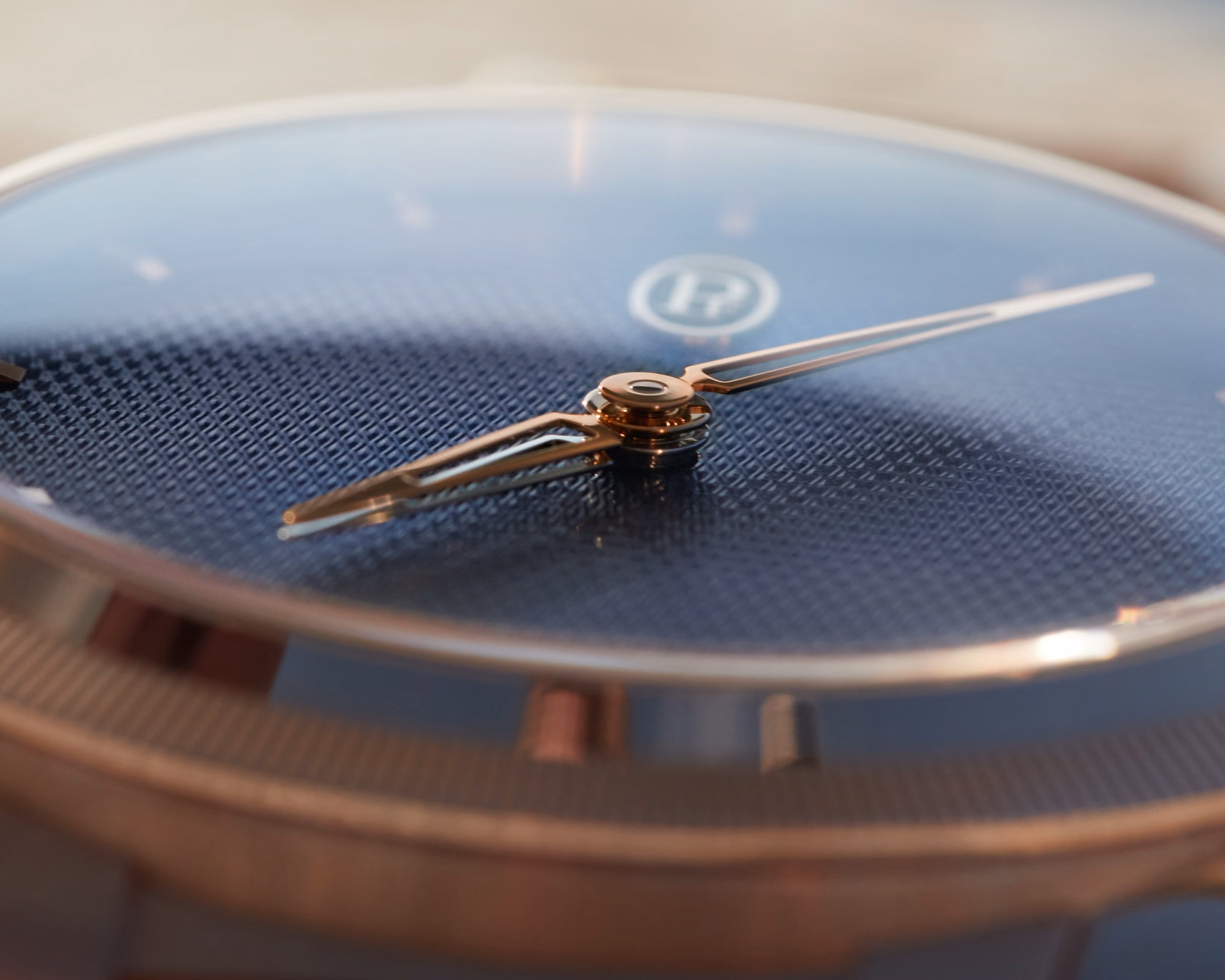 macro watch dial with fine texture and aligned hands